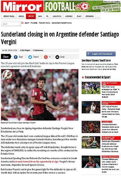 Sunderland, el club que quiere llevarse a Santiago Vergini