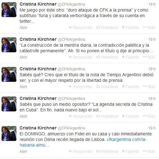Cristina volvió a utilizar Twitter para criticar a los medios