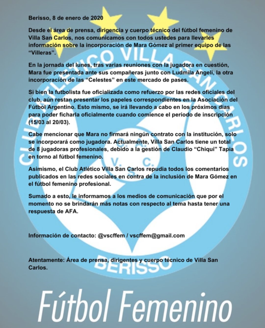 Comunicado de Villa San Carlos aclarando la situación de Mara Gómez