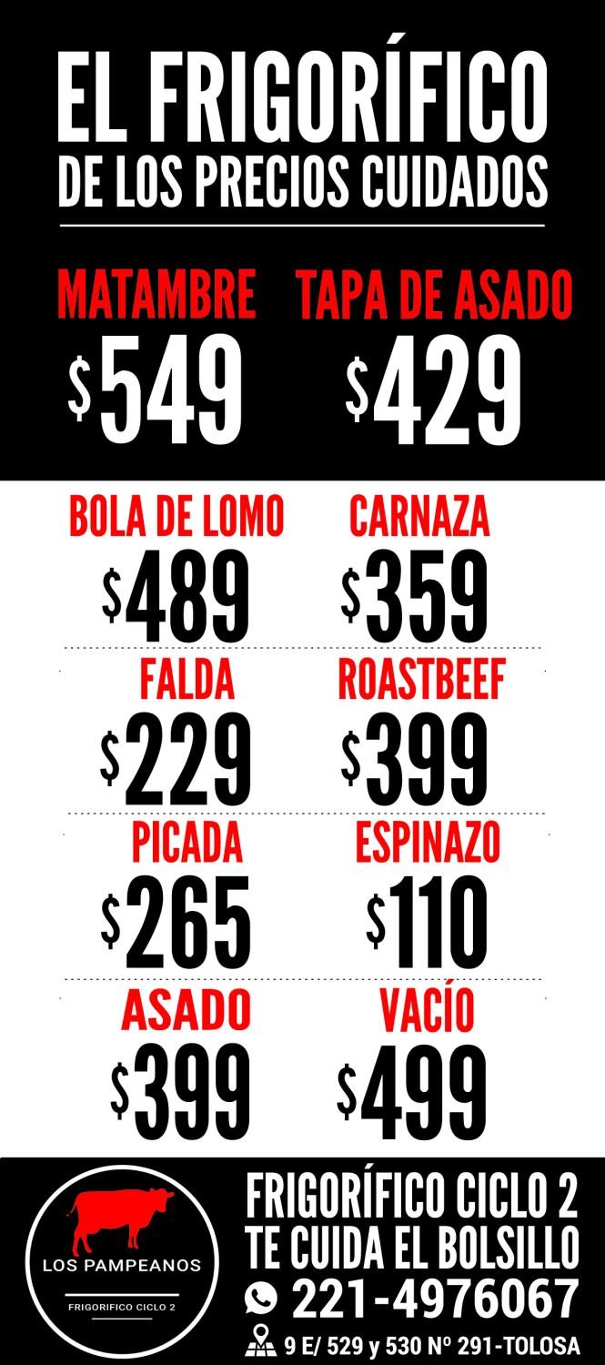 Matambre a $549 y tapa de asado a $499 en Frigorífico ciclo 2 Los Pampeanos