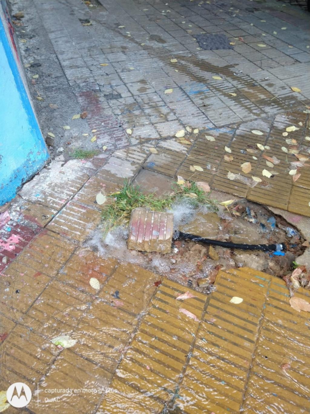 Agua potable que corre por la vereda en la esquina de 4 y 44