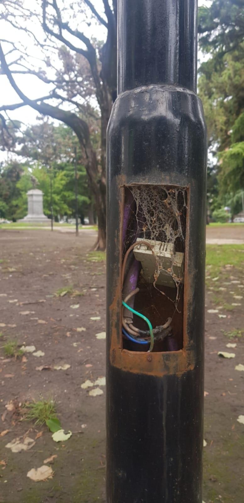 Advierten sobre riesgos por cables a la vista en una plaza