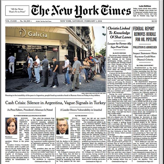 El New York Times publicó en 
tapa la crisis de la Argentina