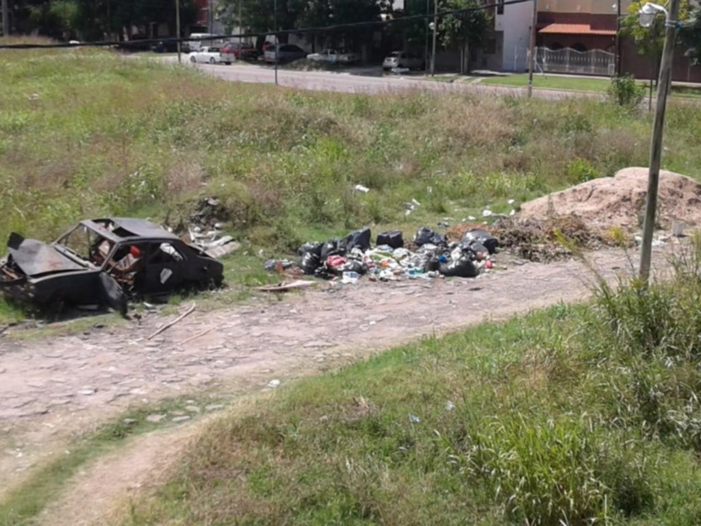 Un auto quemado entre un gran basural de Villa Elvira