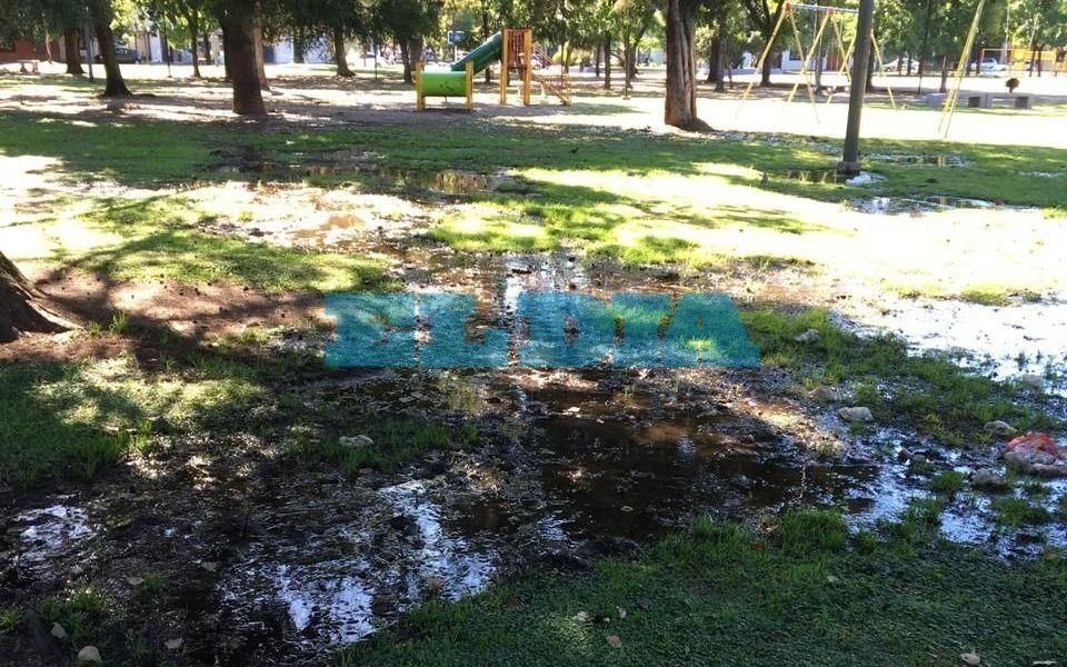 Se formó una laguna en el medio de la Plaza Azcuénaga por una pérdida de agua