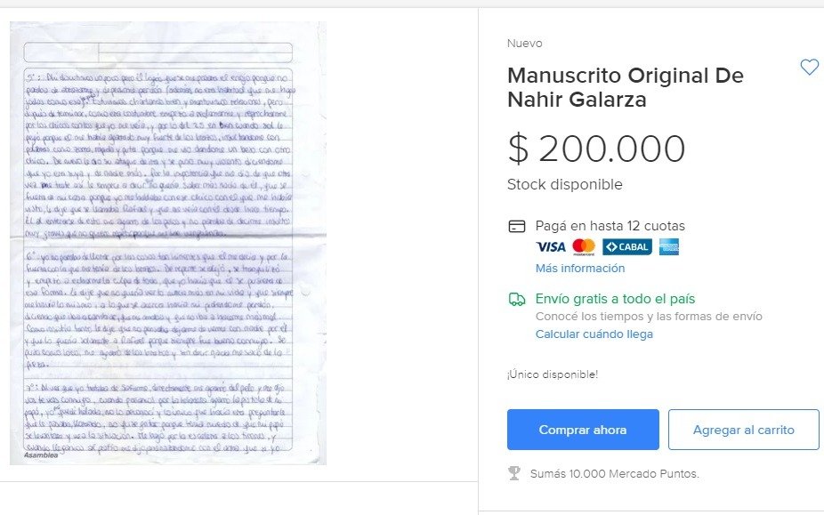 Ofrecen en Mercado Libre una supuesta confesión de puño y letra de Nahír Galarza