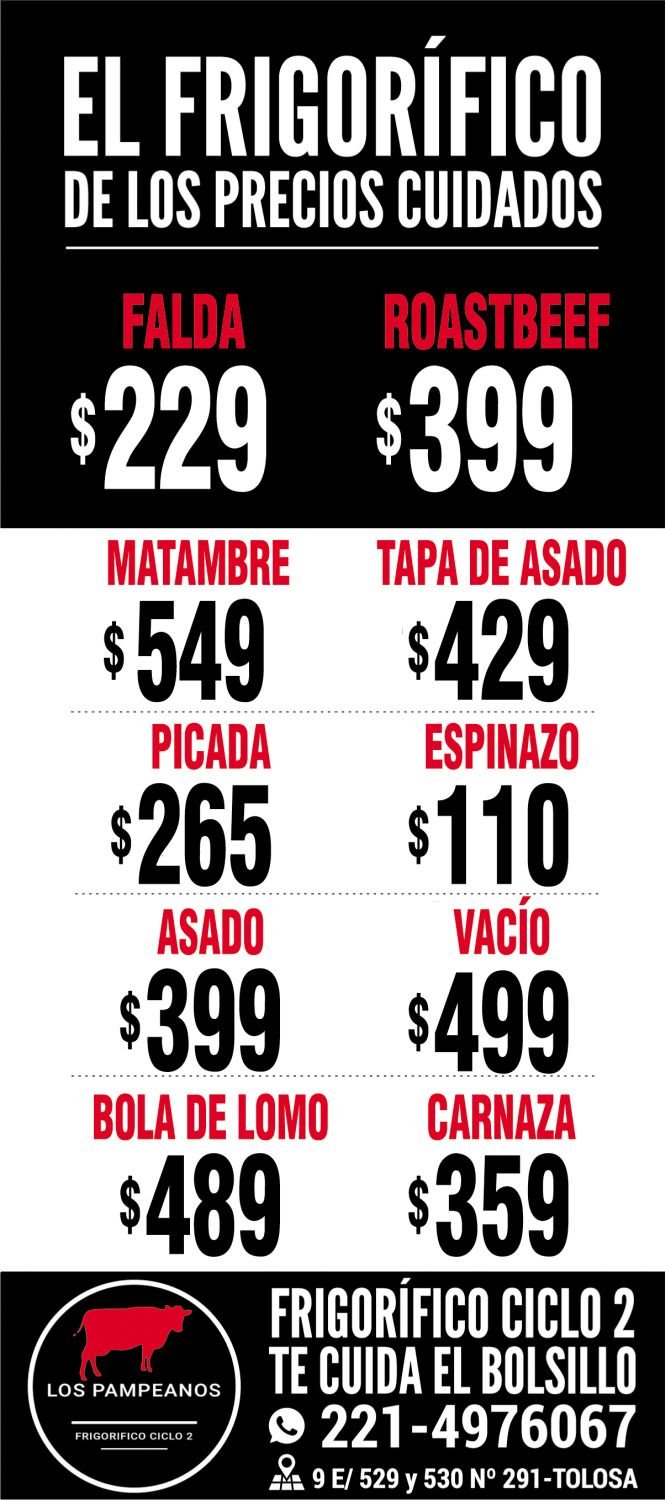 Falda a $229 y roastbeef $399 en Frigorífico ciclo 2 Los Pampeanos