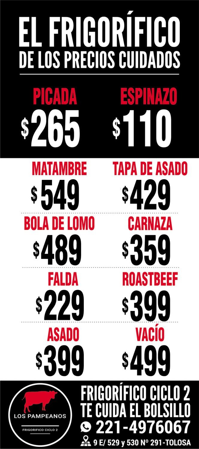 Picada a $265 y espinazo a $110 en Frigorífico ciclo 2 Los Pampeanos