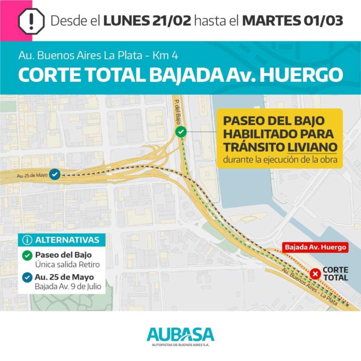 Autopista La Plata-Buenos Aires: desde el lunes y hasta marzo cierran la bajada de Puerto Madero