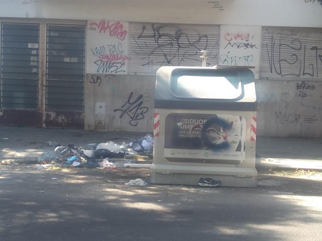 Contenedor desbordado y montaña de bolsas de basura