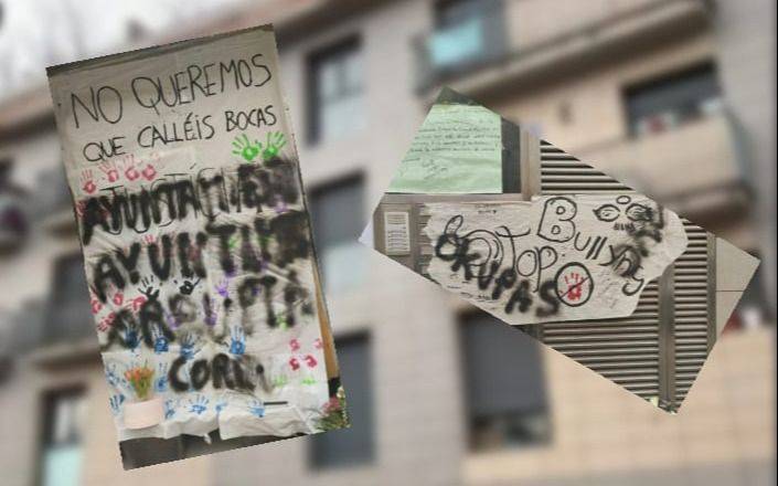 Caso de las gemelas argentinas en Barcelona: sobrepintaron carteles con insultos en la puerta del edificio