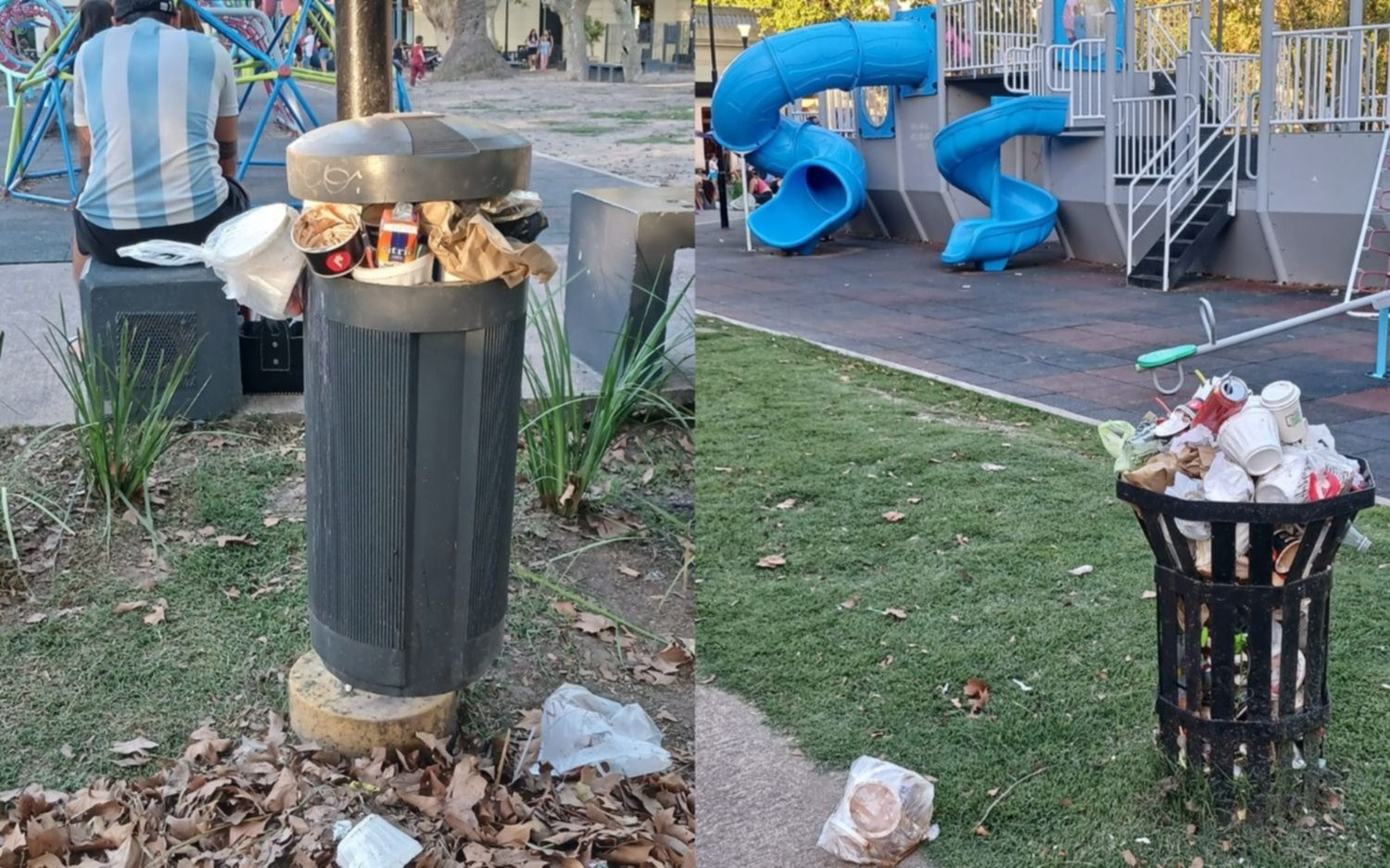 Basural a metros de los juegos infantiles en Plaza Malvinas