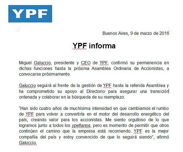 El comunicado de YPF