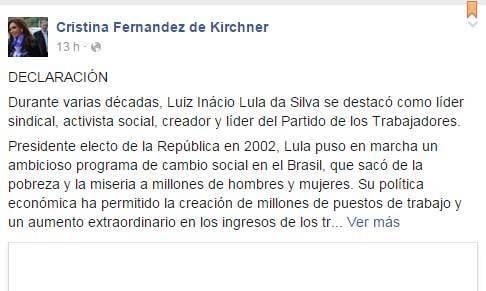 Para Cristina Kirchner "intentan destruir 
la imagen" de Lula