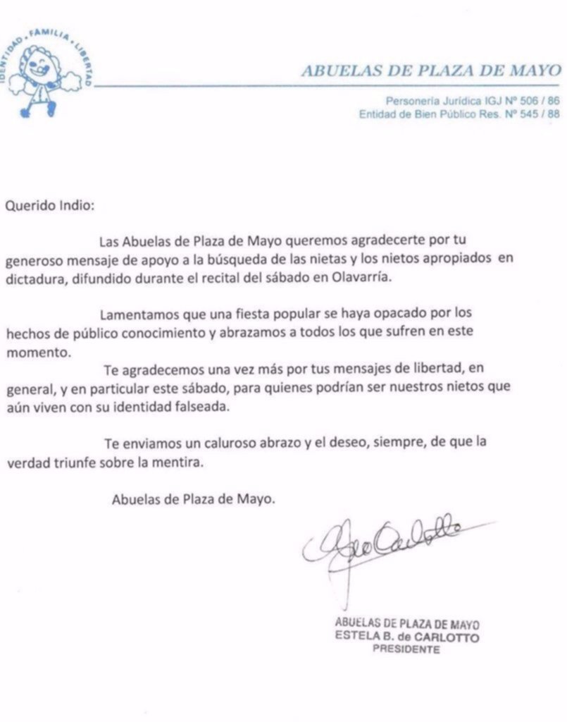 Las Abuelas de Plaza de Mayo apoyaron al Indio
