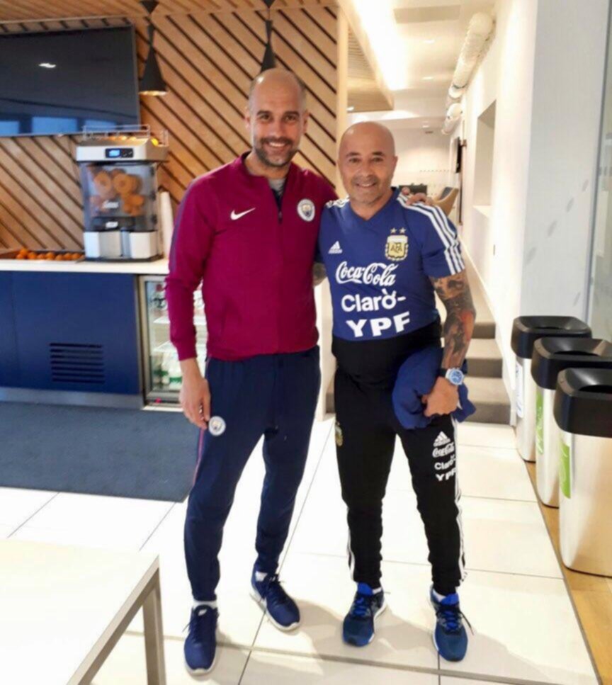 Sampaoli, con su referente Pep Guardiola en Manchester