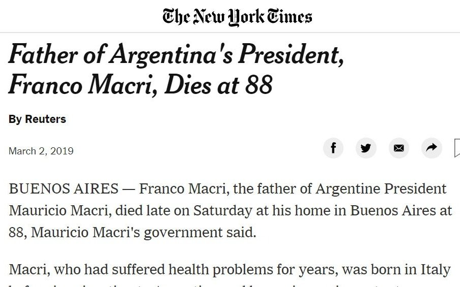 Así reflejaron los diarios del mundo la muerte del padre de Mauricio Macri