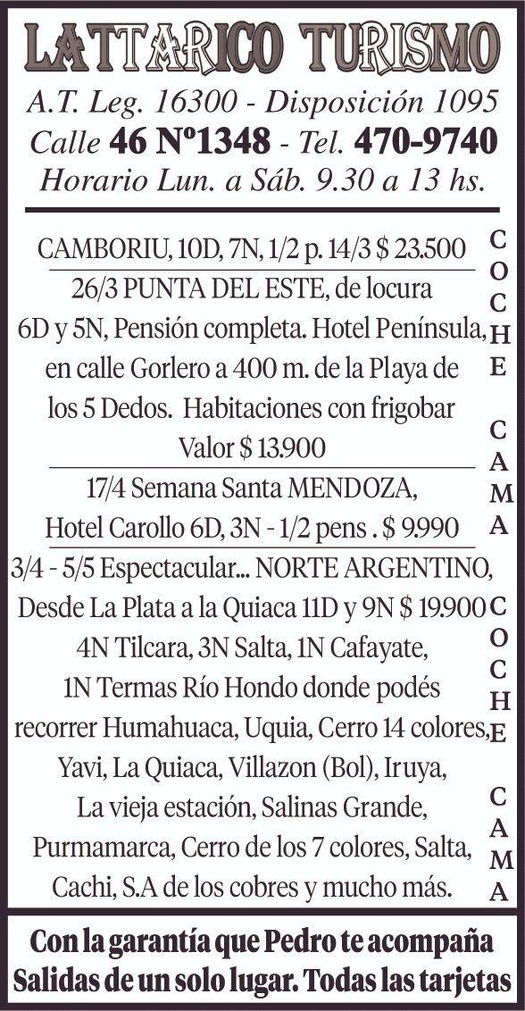 Viajá con la garantía de calidad de Lattarico Turismo