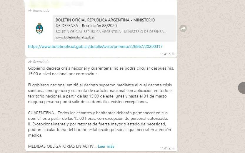 Investigan distribución de un falso decreto de cuarentena que circuló en redes y Whatsapp
