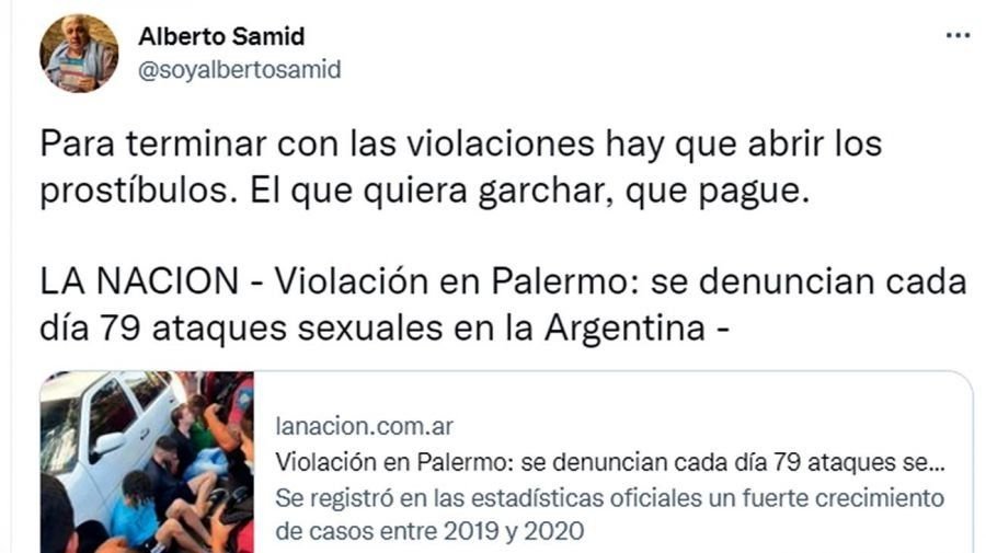 Repudiable tuit de Samid: "Para terminar con las violaciones hay que abrir los prostíbulos"