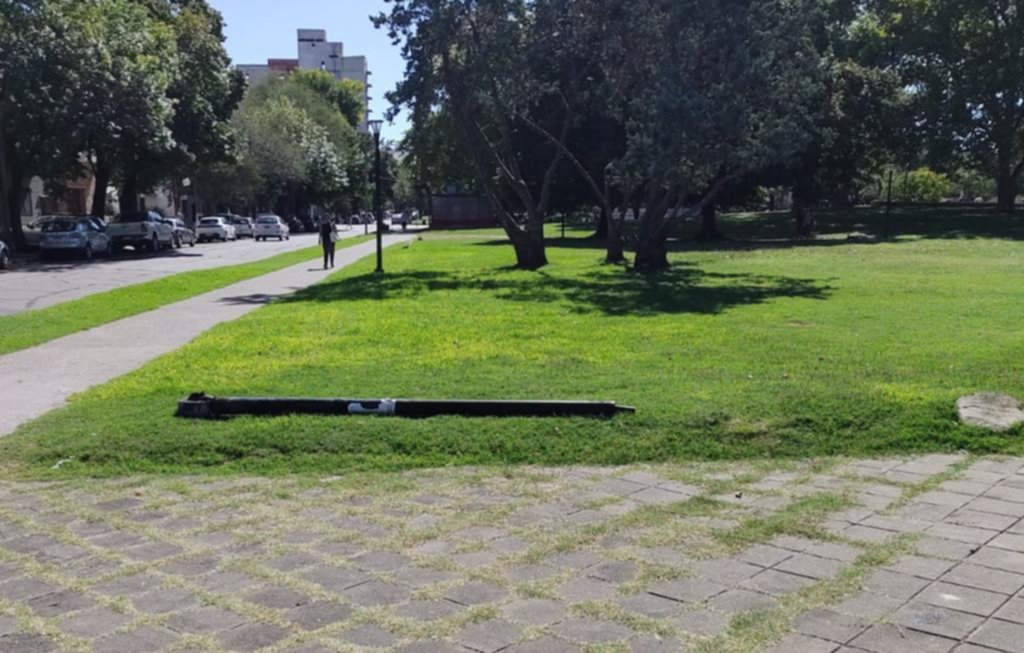 Postes de luminarias derribados en plaza Belgrano