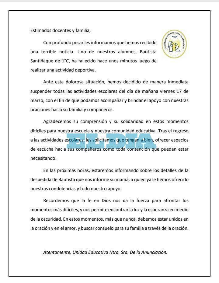 El comunicado del colegio y dolor en redes sociales por el nene que murió en La Plata