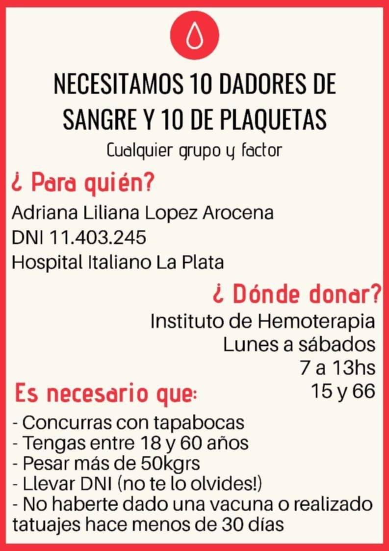 Se necesitan diez dadores de sangre y plaquetas para vecina platense