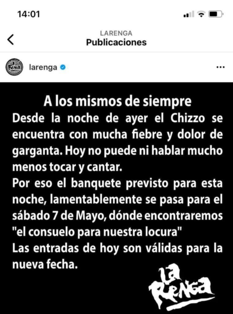La Renga suspendió el recital de esta noche en La Plata