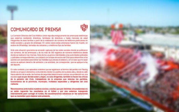 La Comisión Directiva de Unión denunció que recibió amenazas de muerte por el momento futbolístico del equipo