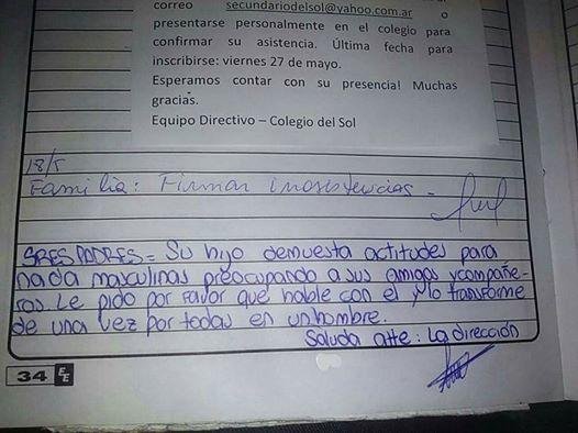 Un colegio pidió a un padre que haga de su hijo “un hombre”