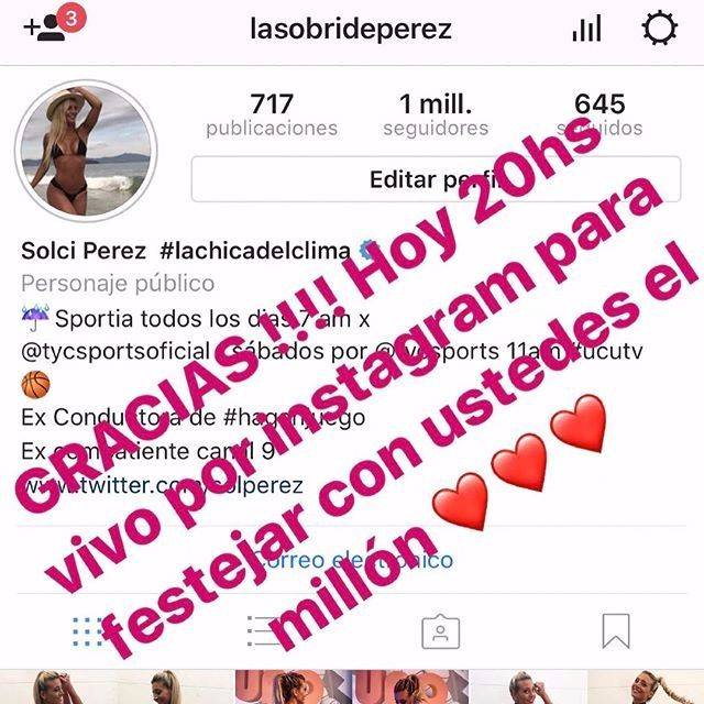Sol Pérez quiere un festejo especial por el millón de fans en Instagram