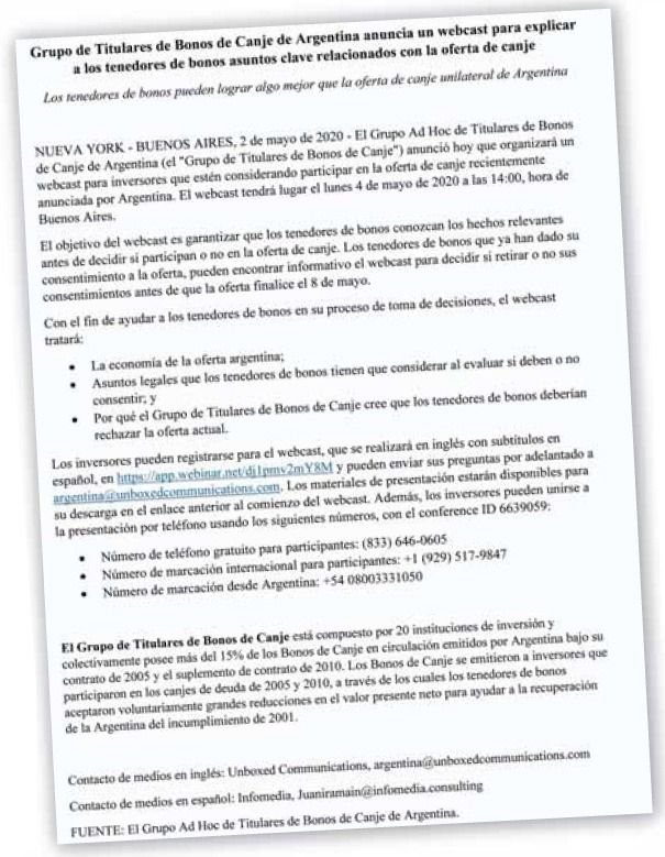 Acreedores adelantan que rechazarán el canje de deuda que ofreció el Gobierno