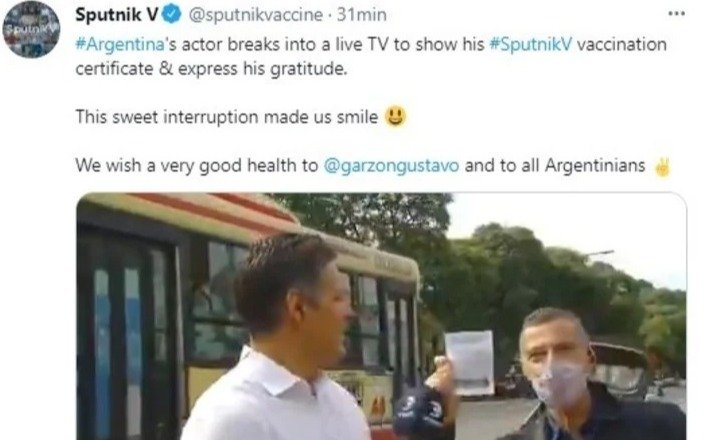 La cuenta de Twitter de Sputnik V compartió el festejo de Gustavo Garzón por haberse vacunado