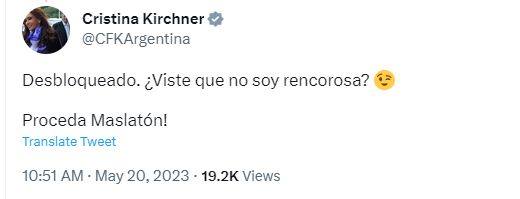 Guiño de Cristina Kichner a Maslatón: del desbloqueo en Twitter al "viste que no soy rencorosa"