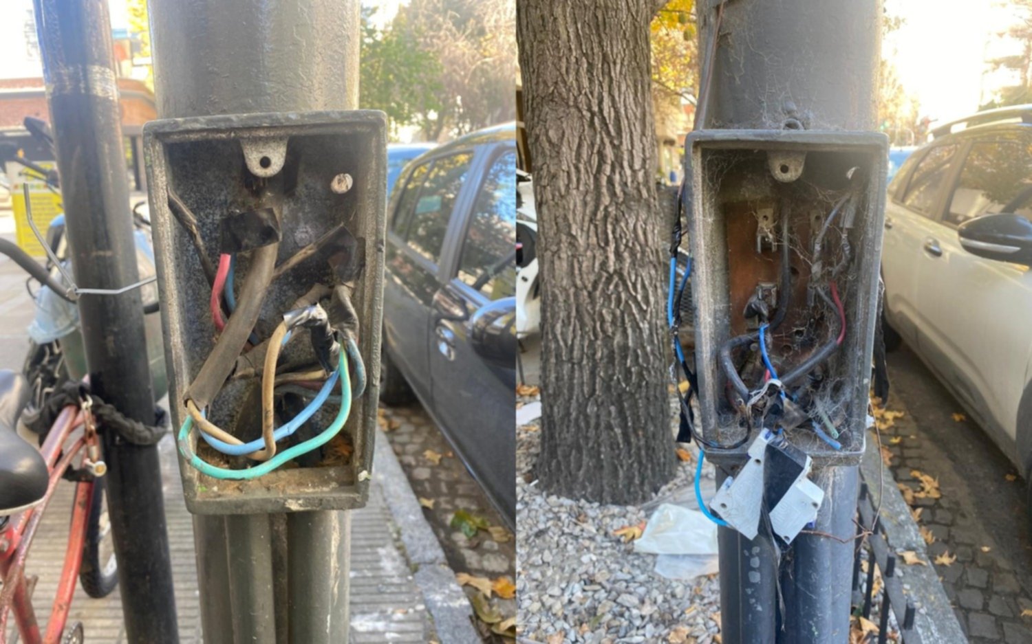 Postes sin seguridad y cables a la vista en el Centro de La Plata
