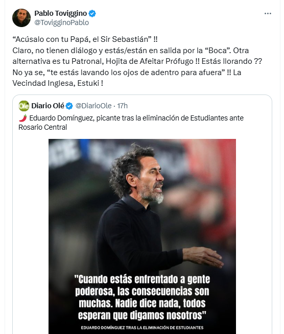 Toviggino volvió con todo: apuntó contra Domínguez, criticó a Verón y se acordó de Gillett