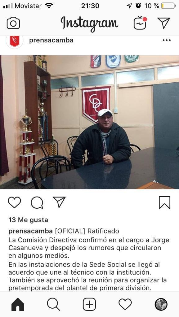 La dirigencia de Cambaceres confirmó que Jorge Casanueva continuará como entrenador