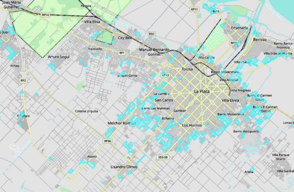 El mapa de los 188 barrios populares relevados en el Gran La Plata