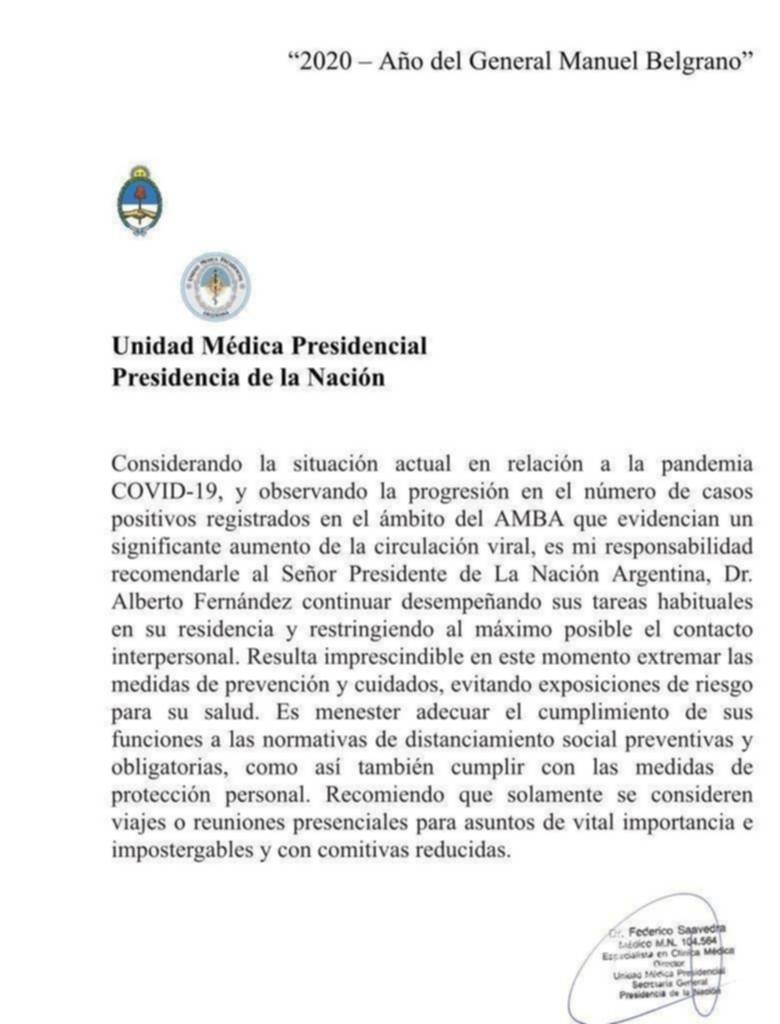 El médico de Alberto Fernández le recomendó no salir de Olivos por los contagios en el AMBA