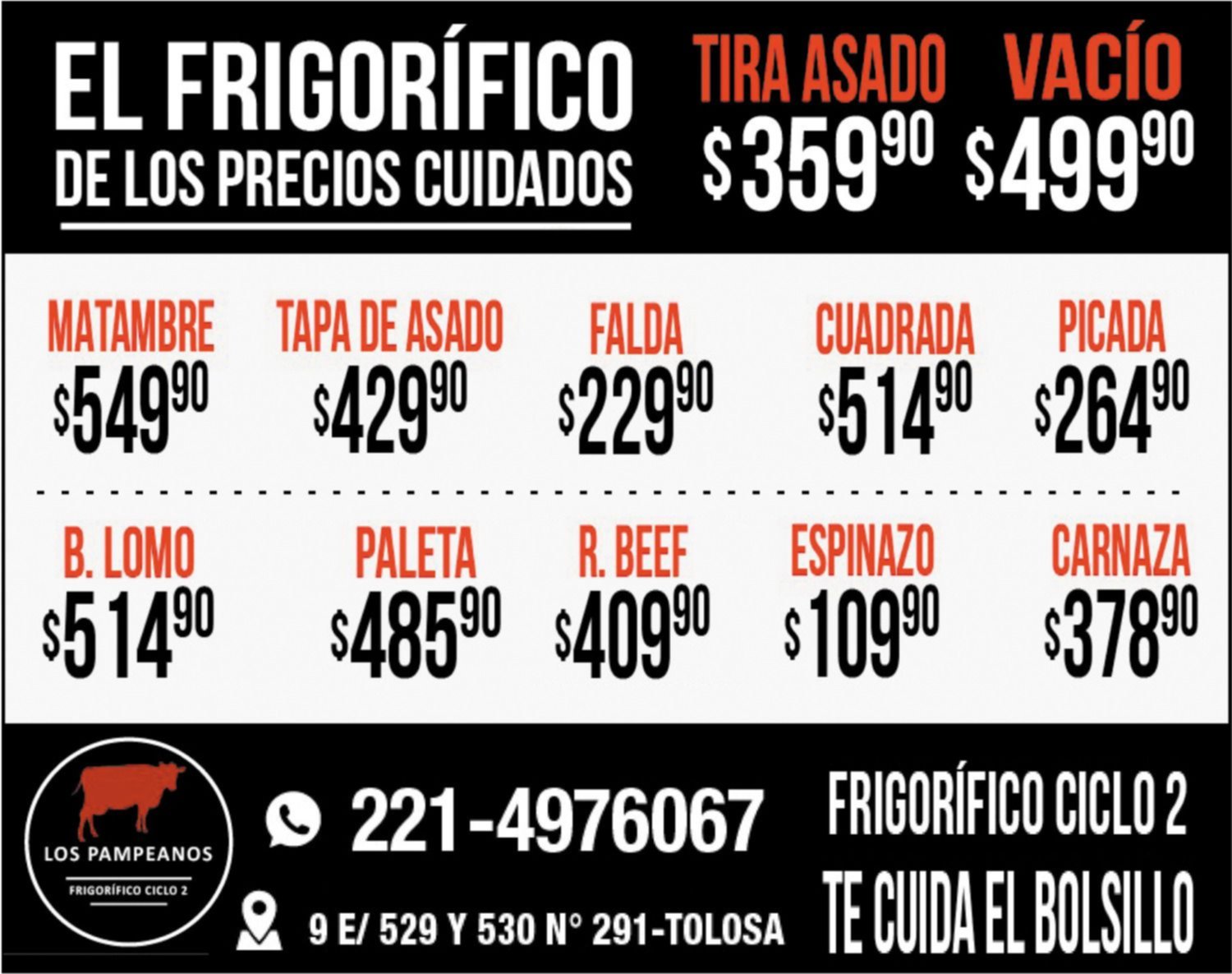 Tira de asado a $359,90 y vacío a $499,90 en Frigorífico ciclo 2 Los Pampeanos