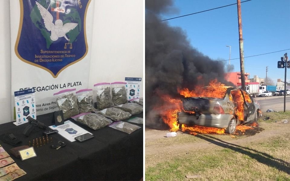 Persecución en plena avenida 44, disparos, un auto quemado y un policía preso con drogas
