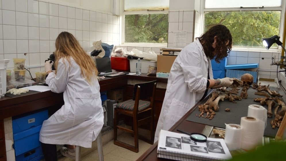 Profesionales de la UNLP y Conicet, frente a una colección de referencia para la antropología forense