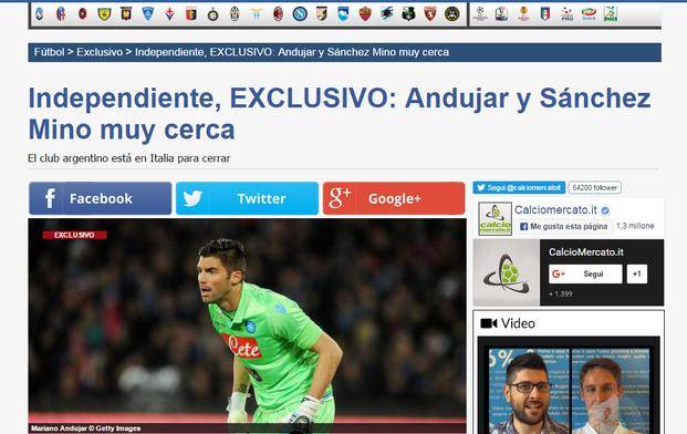 Medios italianos aseguran que Andújar se acerca a Independiente