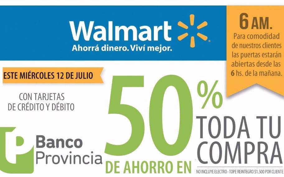 Este miércoles, 50% de descuento en Walmart para clientes del Provincia