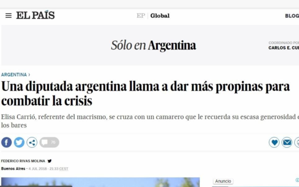 La propina de Carrió en La Plata llegó hasta el diario El País de España, y con burla