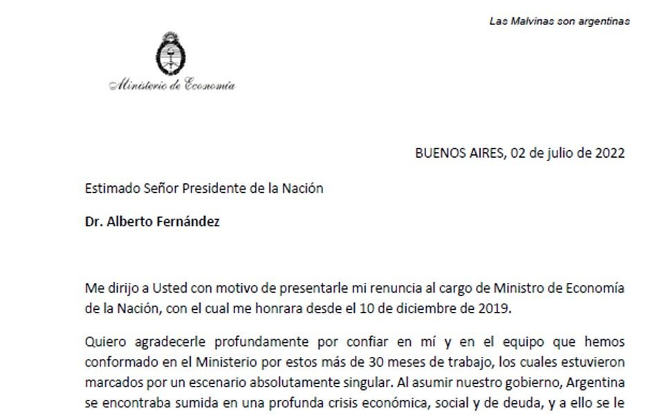 El texto completo de la carta de la renuncia de Martín Guzmán