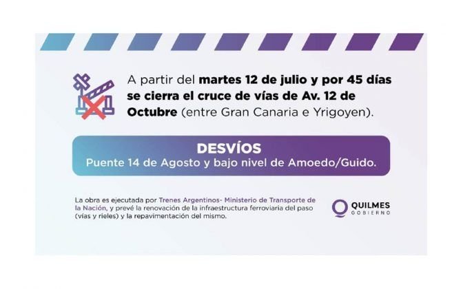 Cruce cerrado por obras de infraestructura ferroviaria y repavimentación