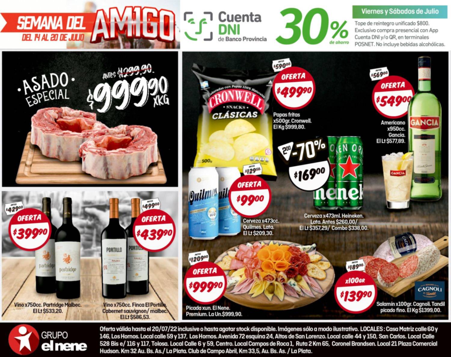 ¡Semana del Amigo! Asado especial a $999,90 el kilo y vino Partridge Malbec por 750cc. a $399,90