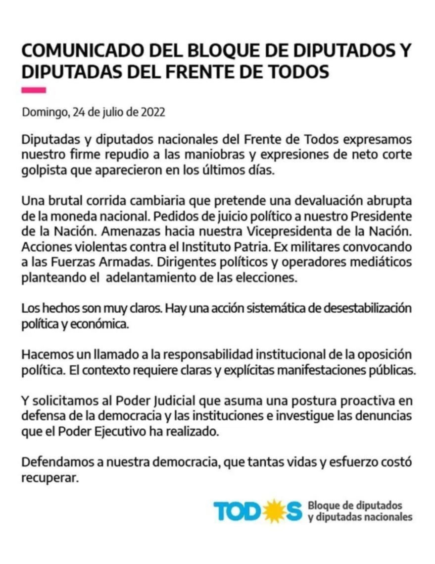 Desde el FdT denuncian “maniobras golpistas”