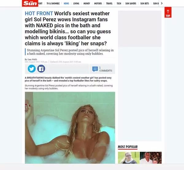  Sol Pérez fue elegida como "la chica del clima más sexy" según un diario inglés